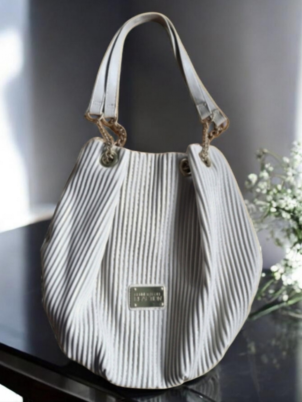 Kenneth Cole Reaction Cream Accordion Pleated Shoulder Bag With Gold Hardware